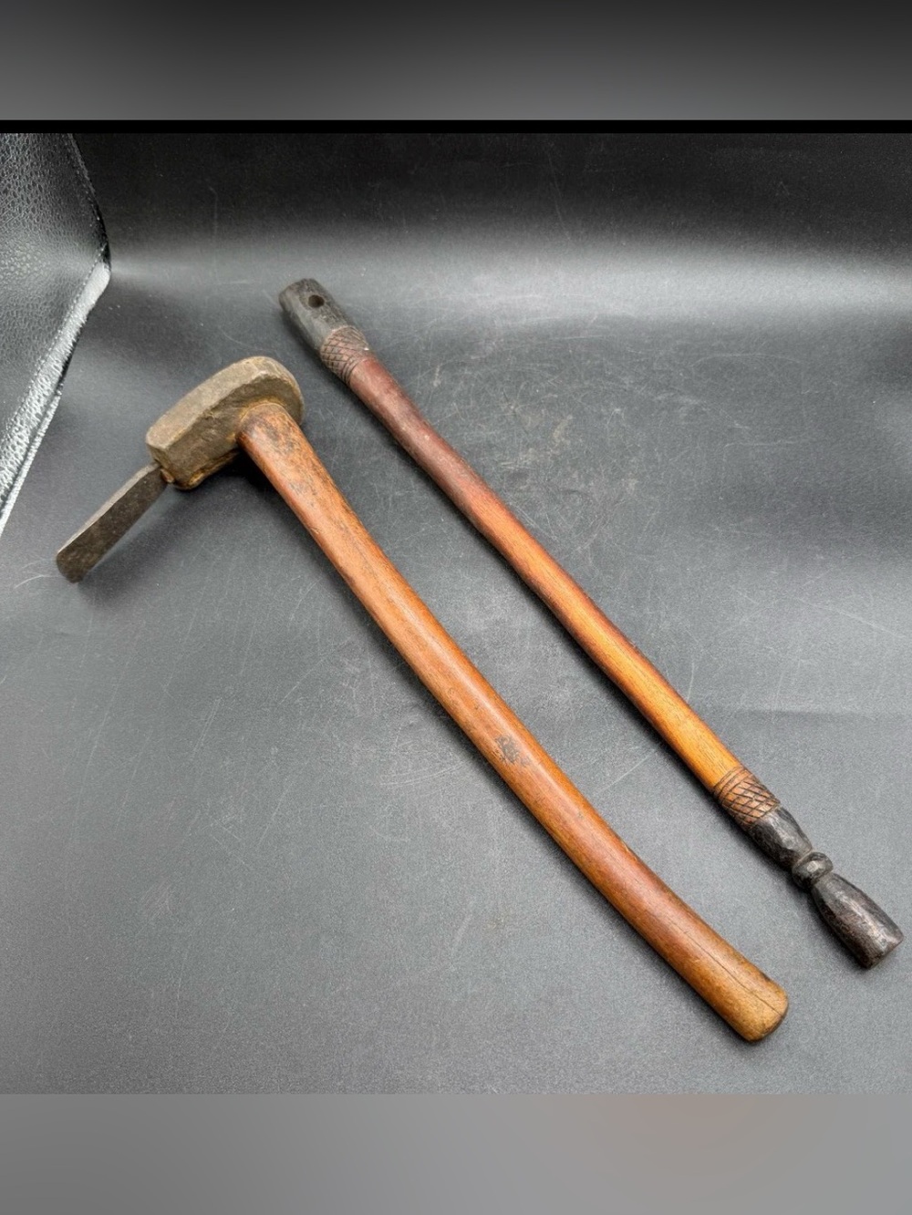 Vintage Benin African Wood Carving Tools - MCM Hand Adze & Carved Mallet Set